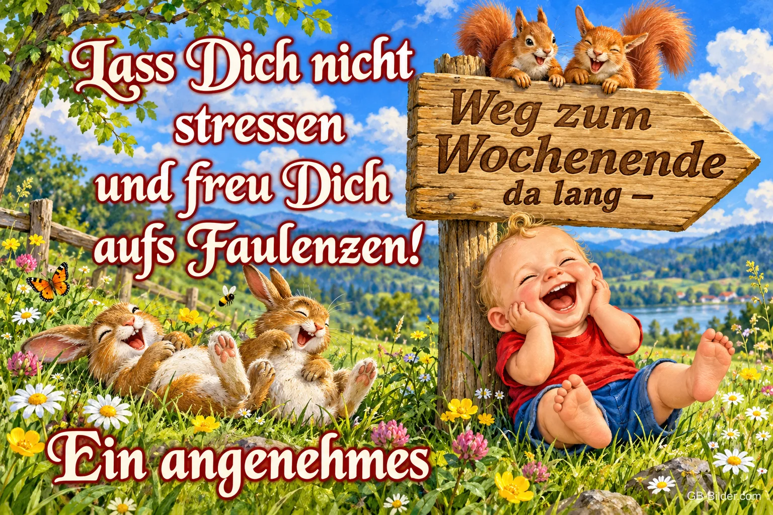 Lachendes Baby an einem Wegweiser, zwei Hasen faulenzen in der Wiese, Eichhörnchen auf dem Schild, Text: Lass Dich nicht stressen und freu Dich aufs Faulenzen! Weg zum Wochenende da lang – Ein angenehmes