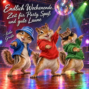 Drei Streifenhörnchen in bunten Kapuzenpullis tanzen in einer Disco, Text: Endlich Wochenende... Zeit für Party, Spaß und gute Laune – liebe Grüße
