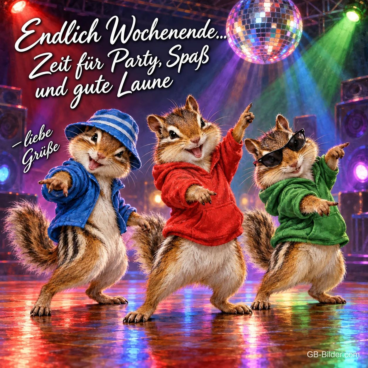 Drei Streifenhörnchen in bunten Kapuzenpullis tanzen in einer Disco, Text: Endlich Wochenende... Zeit für Party, Spaß und gute Laune – liebe Grüße
