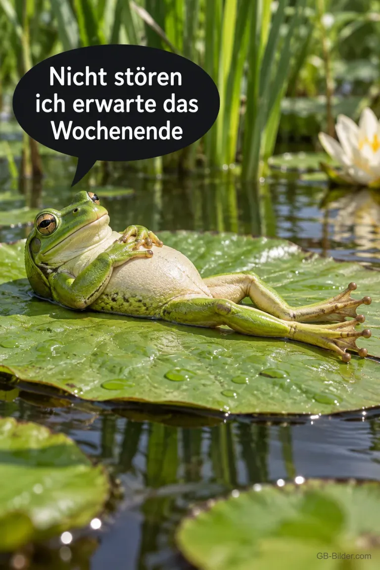 Frosch liegt entspannt auf dem Rücken auf einem Seerosenblatt, Text: Nicht stören ich erwarte das Wochenende