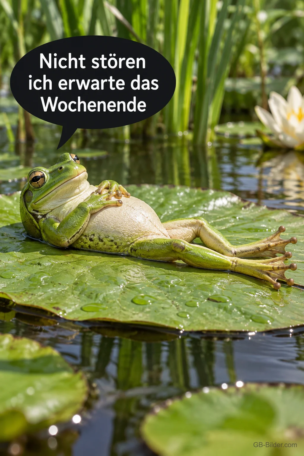 Frosch liegt entspannt auf dem Rücken auf einem Seerosenblatt, Text: Nicht stören ich erwarte das Wochenende