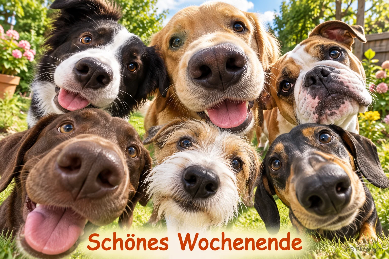Viele neugierige Hunde schauen dicht gedrängt in die Kamera, Text: Schönes Wochenende