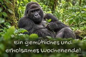 Entspannter Gorilla im Regenwald, Text: Ein gemütliches und erholsames Wochenende!
