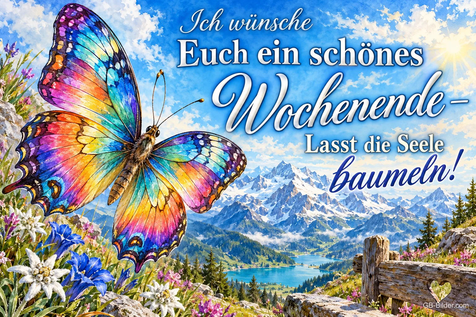 Bunter Schmetterling fliegt über Bergwiese mit Enzian vor Alpensee, Text: Ich wünsche Euch ein schönes Wochenende – Lasst die Seele baumeln!