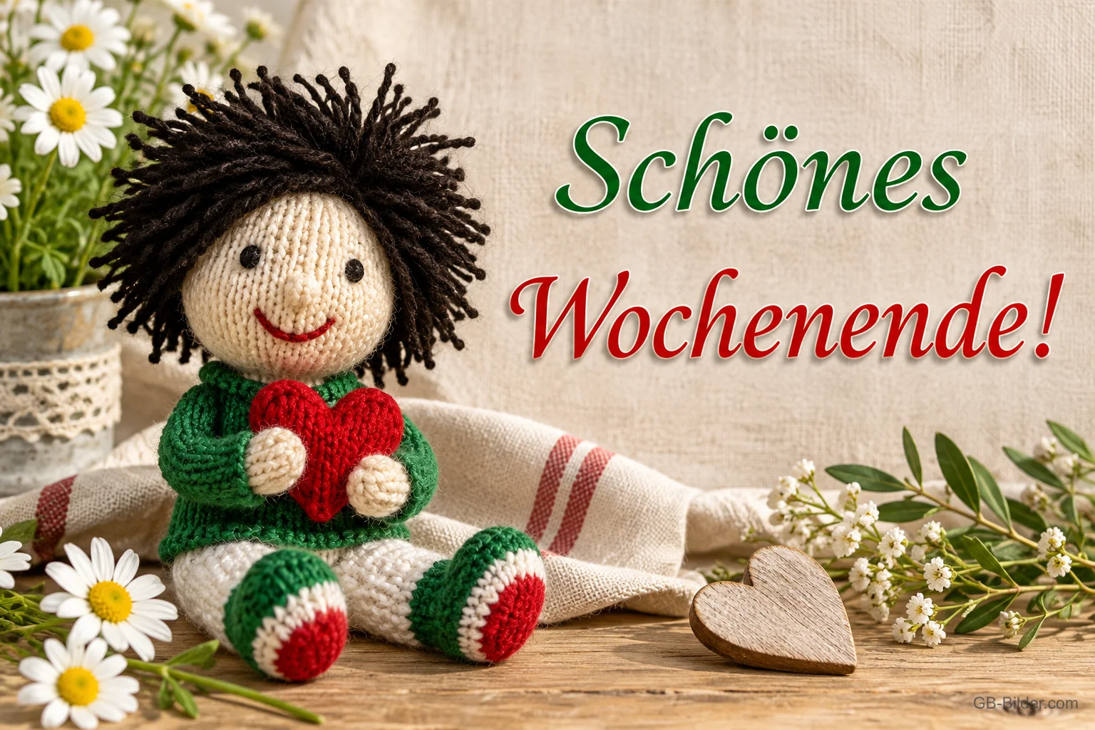 Gestrickte Puppe mit Herz, Text: Schönes Wochenende!