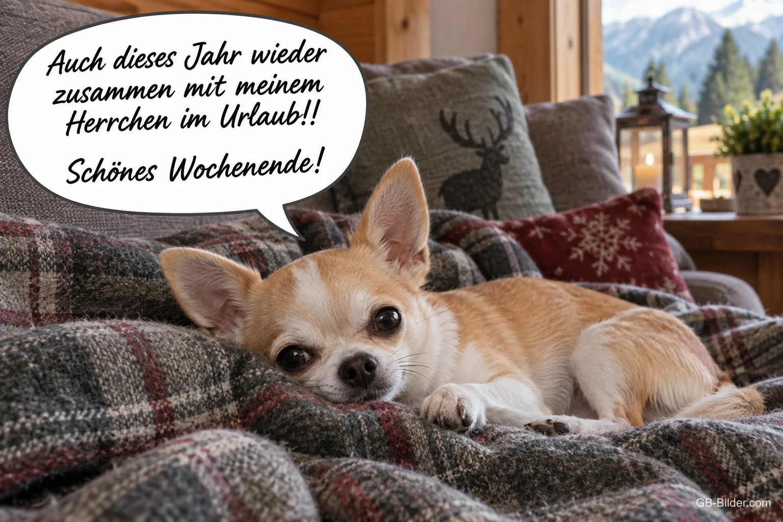Chihuahua auf karierter Decke, Text: Auch dieses Jahr wieder mit meinem Herrchen im Urlaub! Schönes Wochenende!