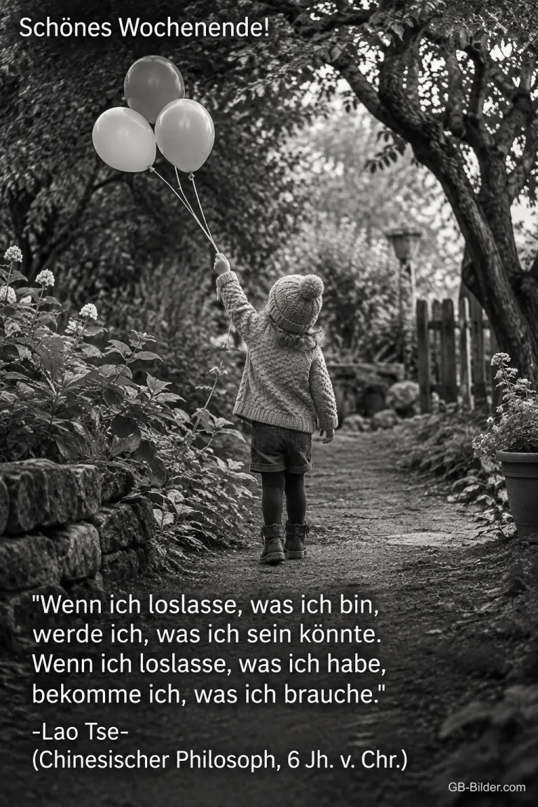 Kind mit Luftballons auf einem Gartenweg, Zitat Lao Tse, Schönes Wochenende!