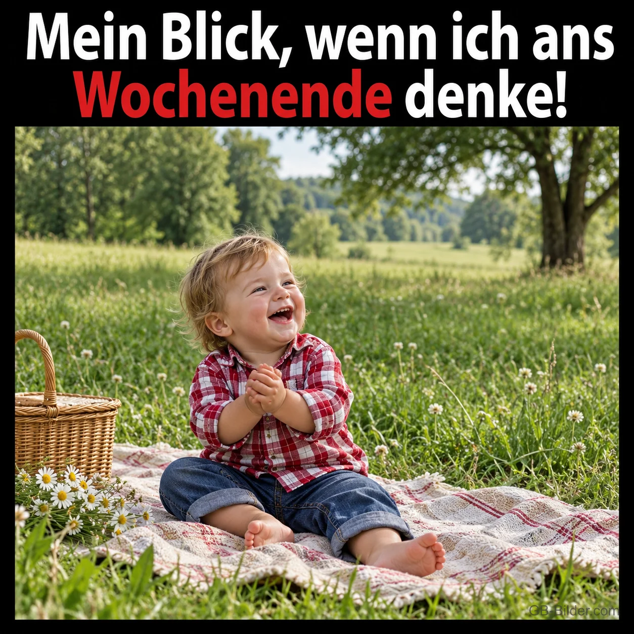 Lachendes Kleinkind auf einer Picknickdecke, Text: Mein Blick, wenn ich ans Wochenende denke!