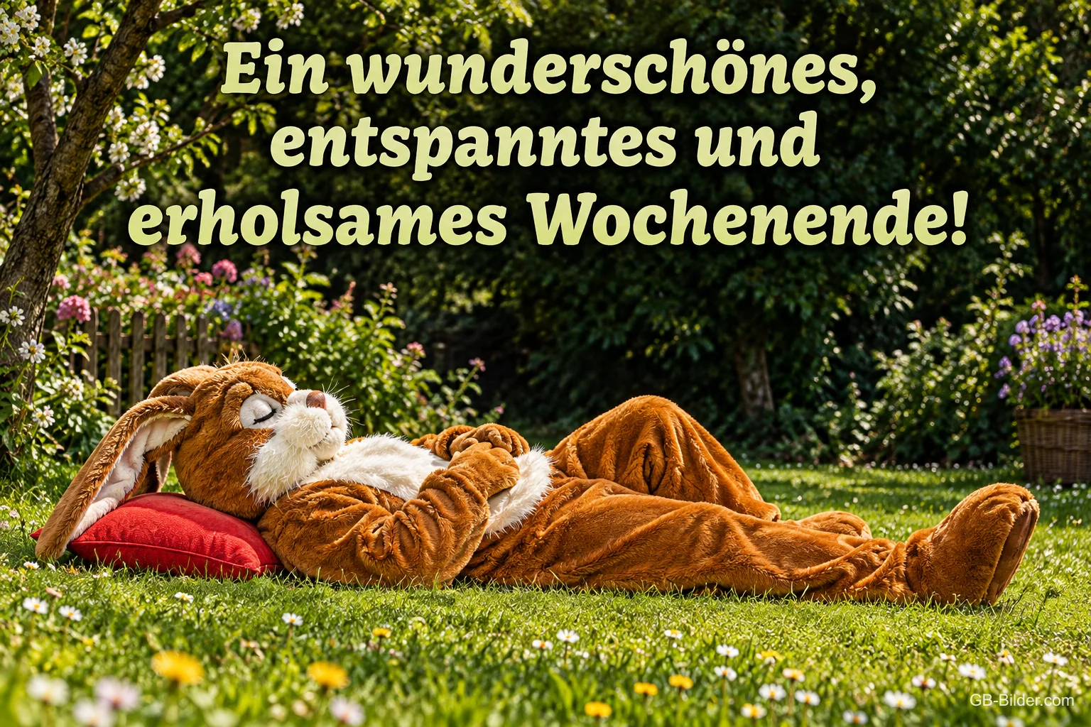 Mensch im Hasenkostüm schläft auf einem roten Kissen im Garten, Text: Ein wunderschönes, entspanntes und erholsames Wochenende!
