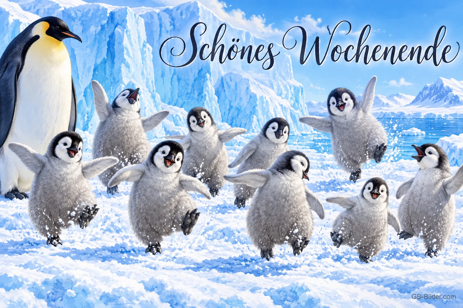Viele Pinguinküken tanzen im Schnee vor Gletschern, Text: Schönes Wochenende