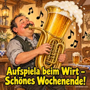 Bayerischer Musikant spielt Tuba, aus der Bierschaum quillt, Text: Aufspiela beim Wirt – Schönes Wochenende!