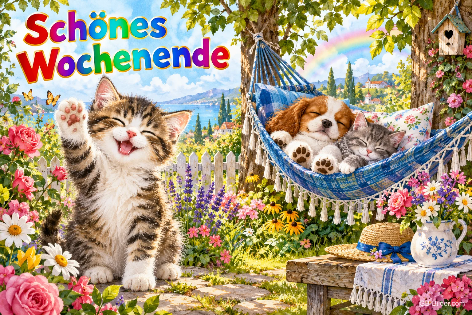 Lachendes Kätzchen winkt, Hund und Katze schlafen in einer Hängematte im Blumengarten, Text: Schönes Wochenende
