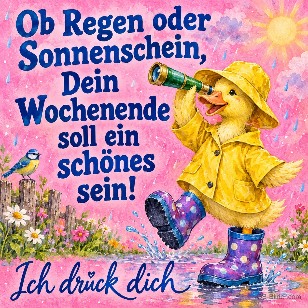 Küken in gelbem Regenmantel und Gummistiefeln schaut durch ein Fernglas, Text: Ob Regen oder Sonnenschein, Dein Wochenende soll ein schönes sein! Ich drück dich