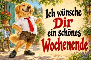 Golden Retriever in Hemd, Krawatte und Lederhose tanzt vor einem Gartenhaus, Text: Ich wünsche Dir ein schönes Wochenende