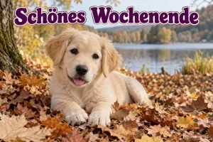 Golden-Retriever-Welpe im Herbstlaub, Text: Schönes Wochenende