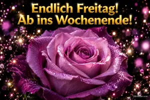Funkelnde lila Rose mit Tautropfen vor glitzerndem Hintergrund, Text: Endlich Freitag! Ab ins Wochenende!