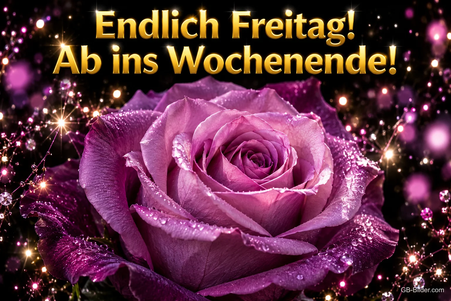 Funkelnde lila Rose mit Tautropfen vor glitzerndem Hintergrund, Text: Endlich Freitag! Ab ins Wochenende!