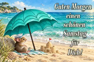 Maus unter Sonnenschirm am Strand, Text: Guten Morgen, einen schönen Samstag für Dich!