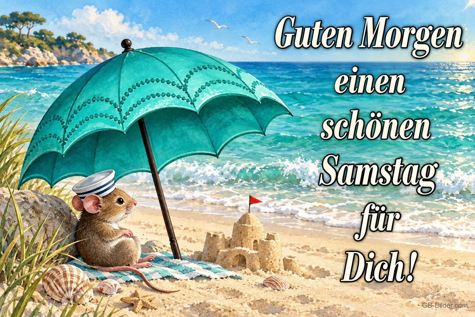 Maus unter Sonnenschirm am Strand, Text: Guten Morgen, einen schönen Samstag für Dich!