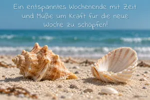 Zwei Muscheln am Strand, Text: Ein entspanntes Wochenende mit Zeit und Muße