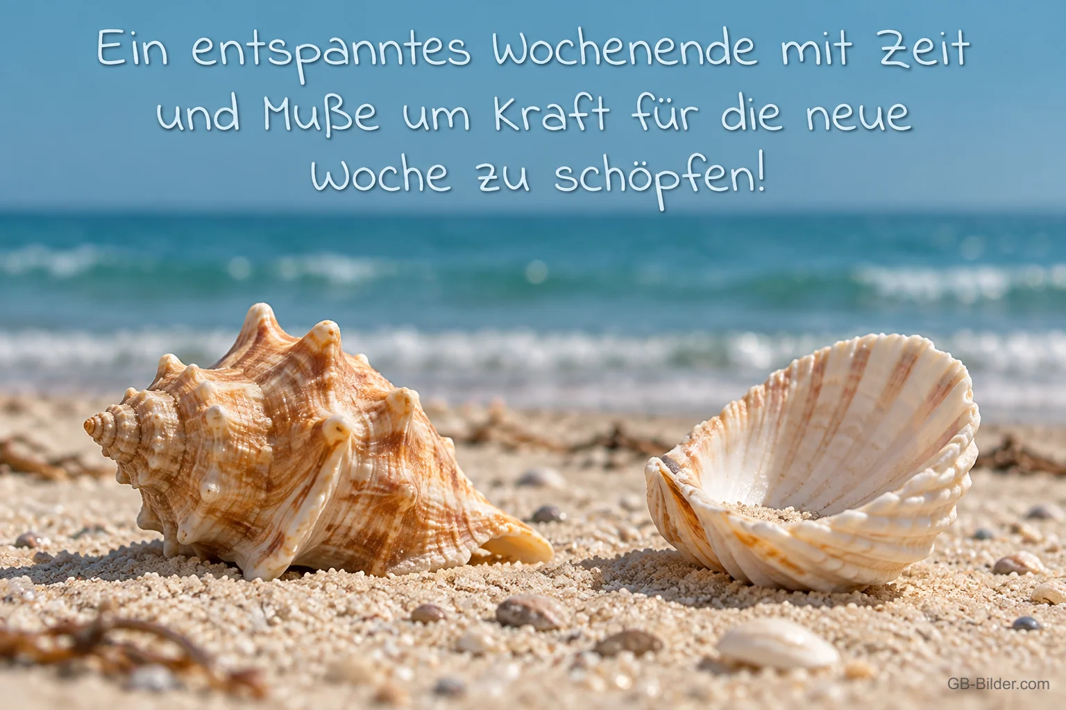 Zwei Muscheln am Strand, Text: Ein entspanntes Wochenende mit Zeit und Muße