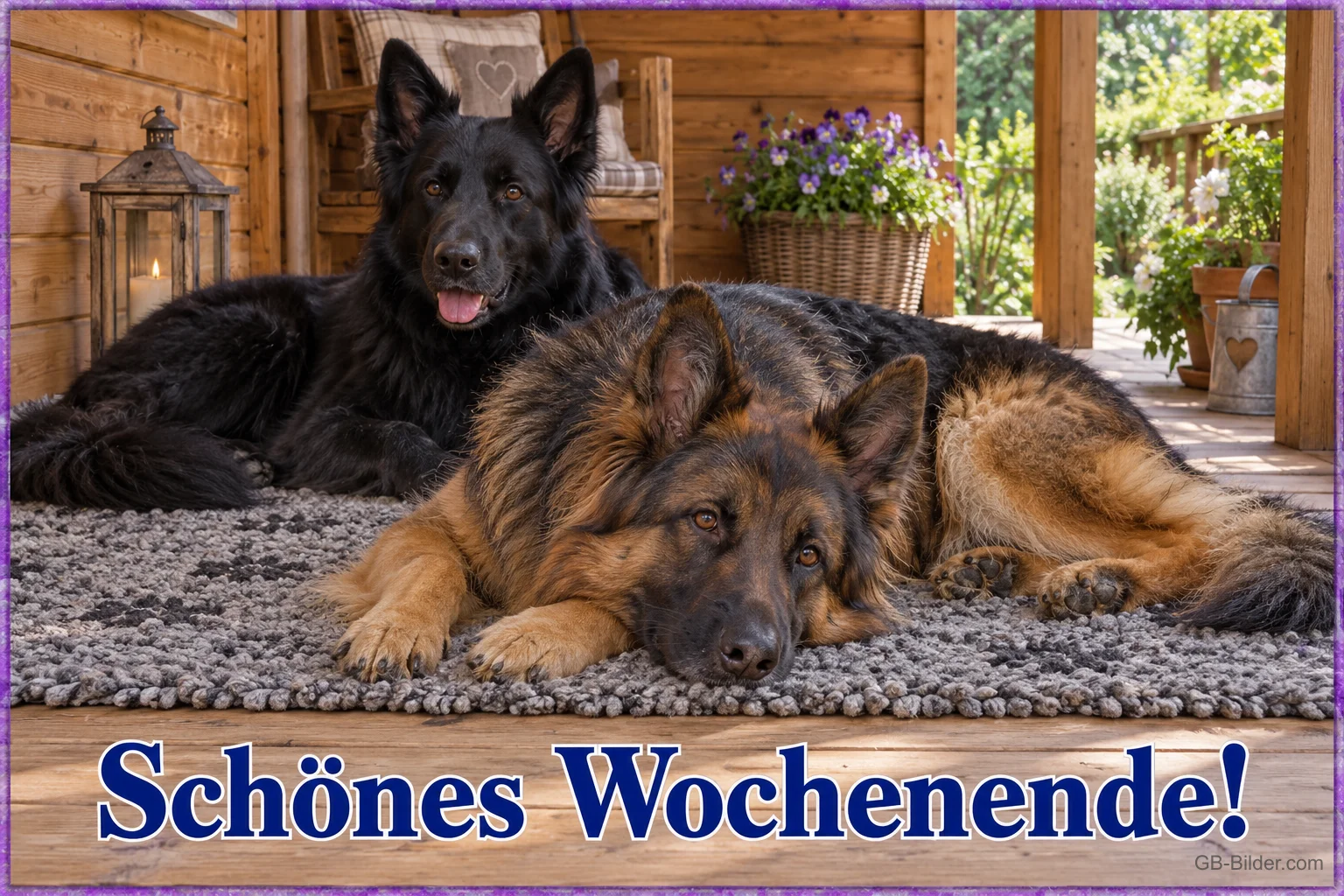 Zwei Schäferhunde auf einer Veranda, Text: Schönes Wochenende!
