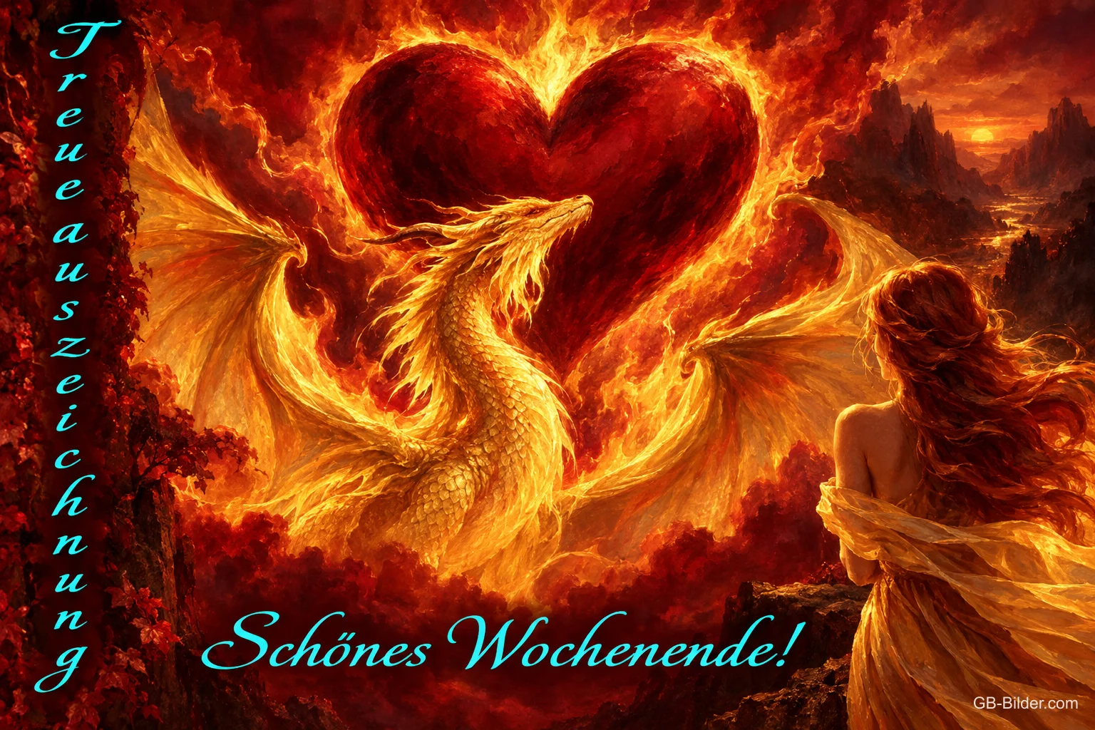 Feuervogel mit brennendem Herz, Text: Schönes Wochenende!