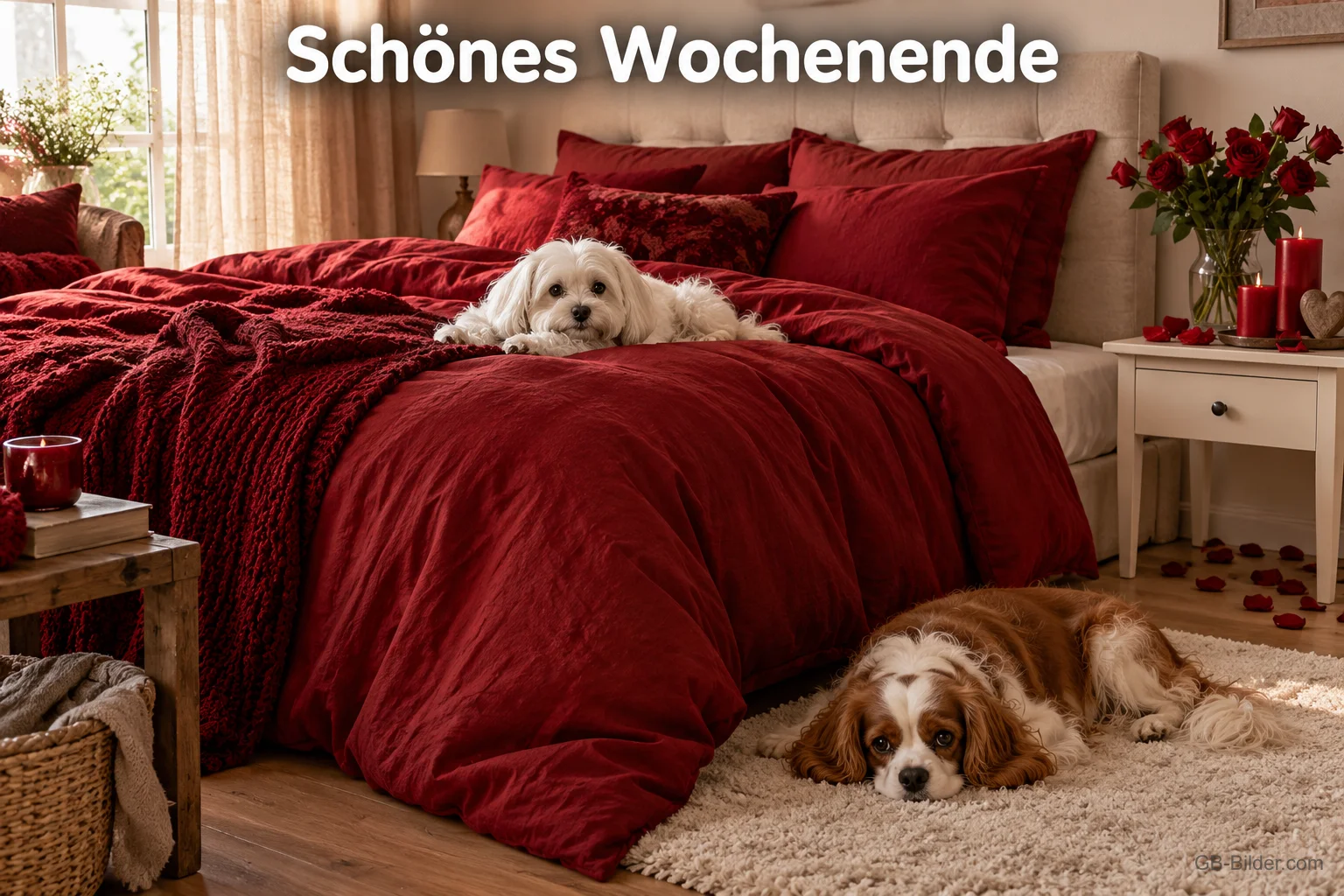 Zwei Hunde am roten Bett, Text: Schönes Wochenende