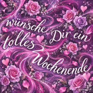 Rosa und lila Rosen mit Herzen und Schwüngen auf Violett, Text: wünsche Dir ein tolles Wochenende