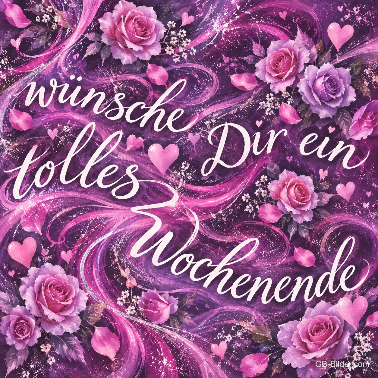 Rosa und lila Rosen mit Herzen und Schwüngen auf Violett, Text: wünsche Dir ein tolles Wochenende