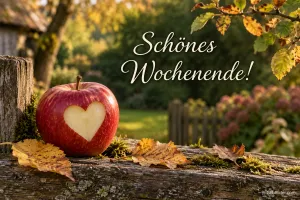 Apfel mit Herz im Herbstlaub, Text: Schönes Wochenende!