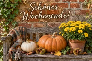 Kürbisse und Chrysanthemen auf einer Bank, Text: Schönes Wochenende!