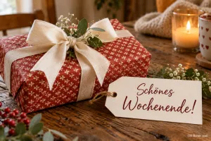 Rotes Geschenk mit Anhänger, Text: Schönes Wochenende!