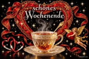 Teetasse in einem Herz aus roten Bändern, kleiner Engel mit Herz, Sterne, Text: schönes Wochenende