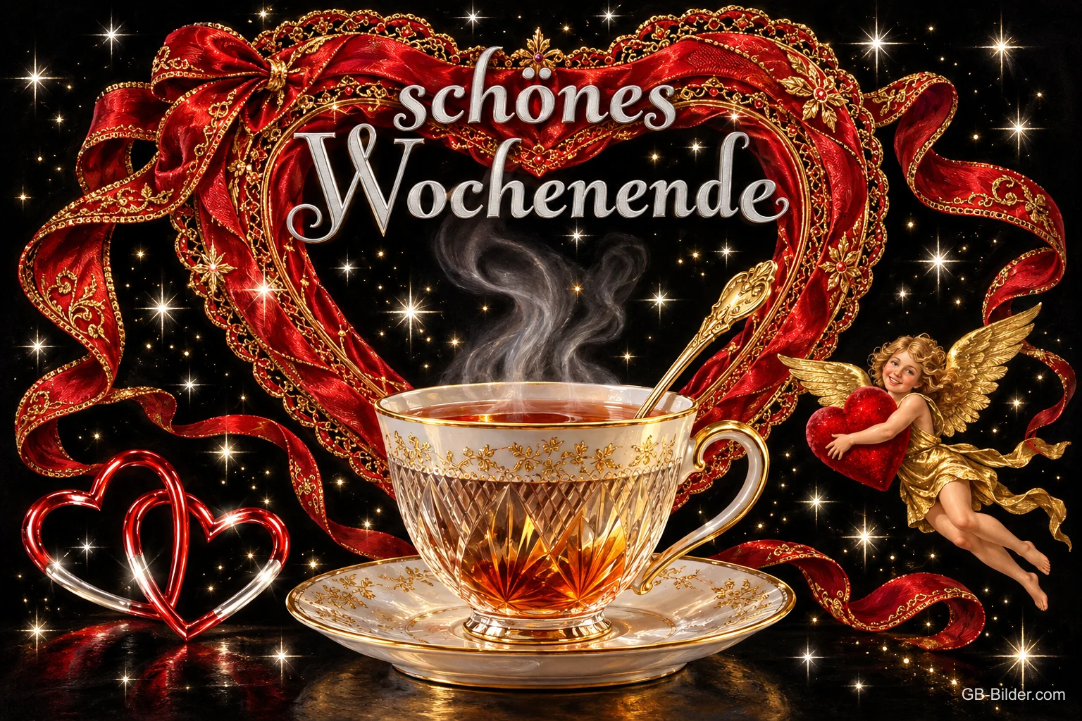 Teetasse in einem Herz aus roten Bändern, kleiner Engel mit Herz, Sterne, Text: schönes Wochenende