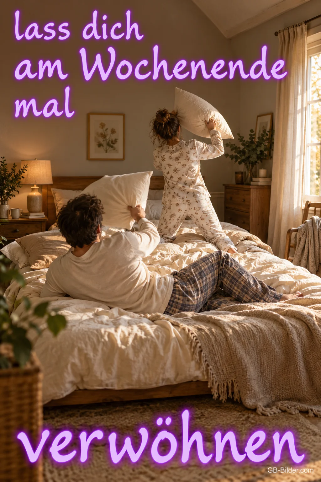Kissenschlacht im Bett, Text: lass dich am Wochenende mal verwöhnen