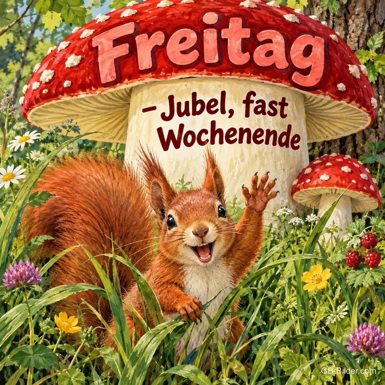 Lachendes Eichhörnchen winkt unter einem großen Fliegenpilz in der Wiese, Text: Freitag – Jubel, fast Wochenende