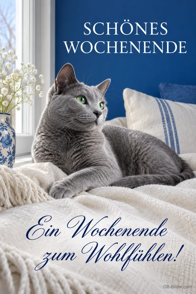 Graue Katze auf weißem Bett, Text: Schönes Wochenende – Ein Wochenende zum Wohlfühlen!