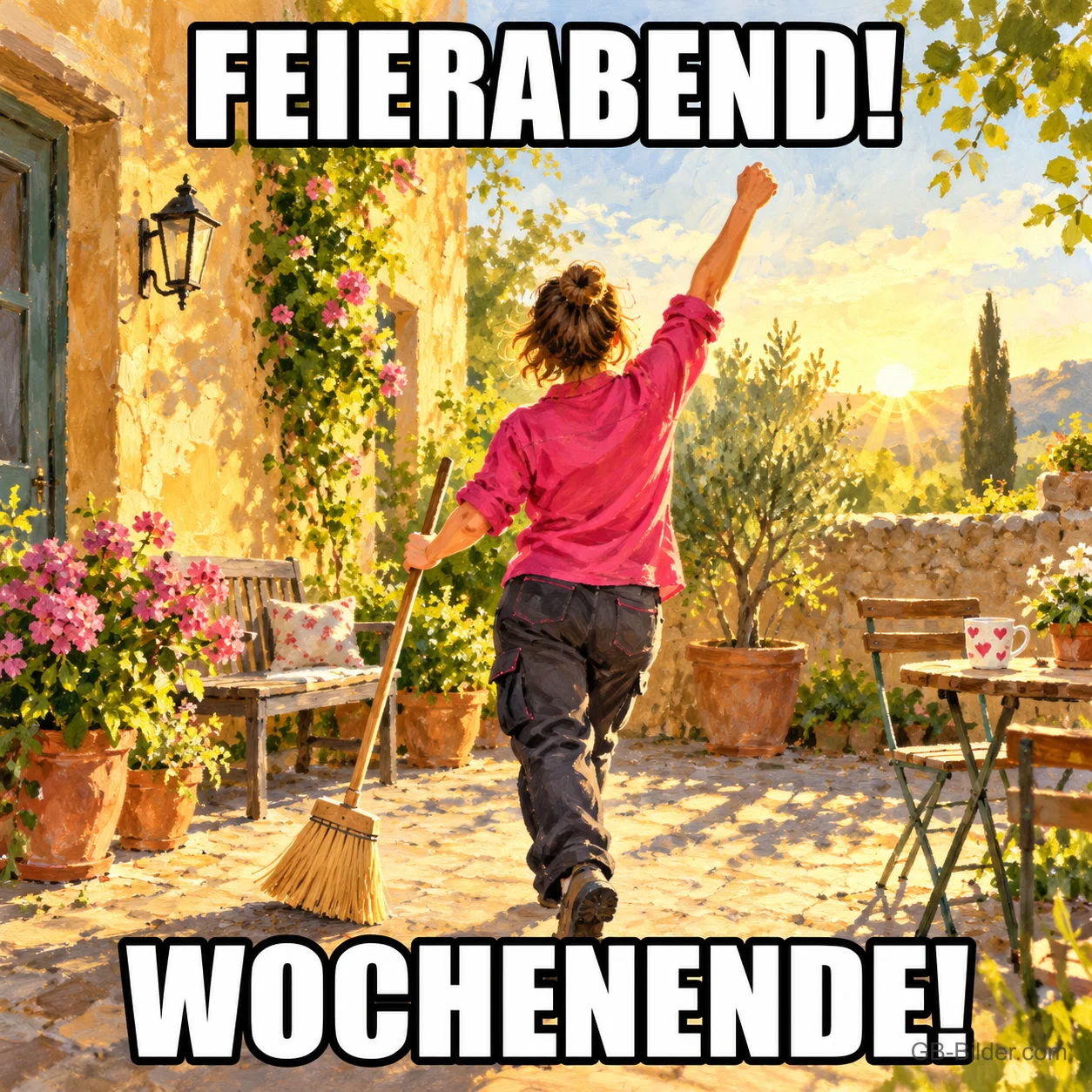 Jubelnde Frau mit Besen auf der Terrasse, Text: Feierabend! Wochenende!
