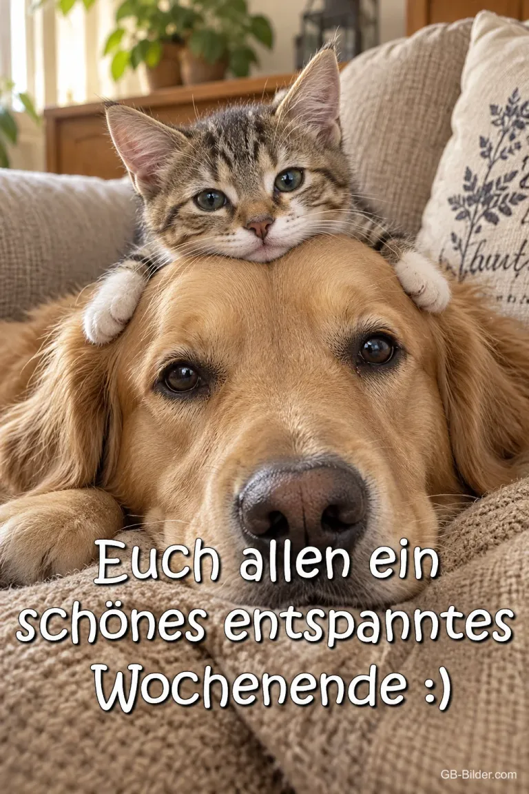 Kätzchen auf dem Kopf eines Hundes, Text: Euch allen ein schönes entspanntes Wochenende