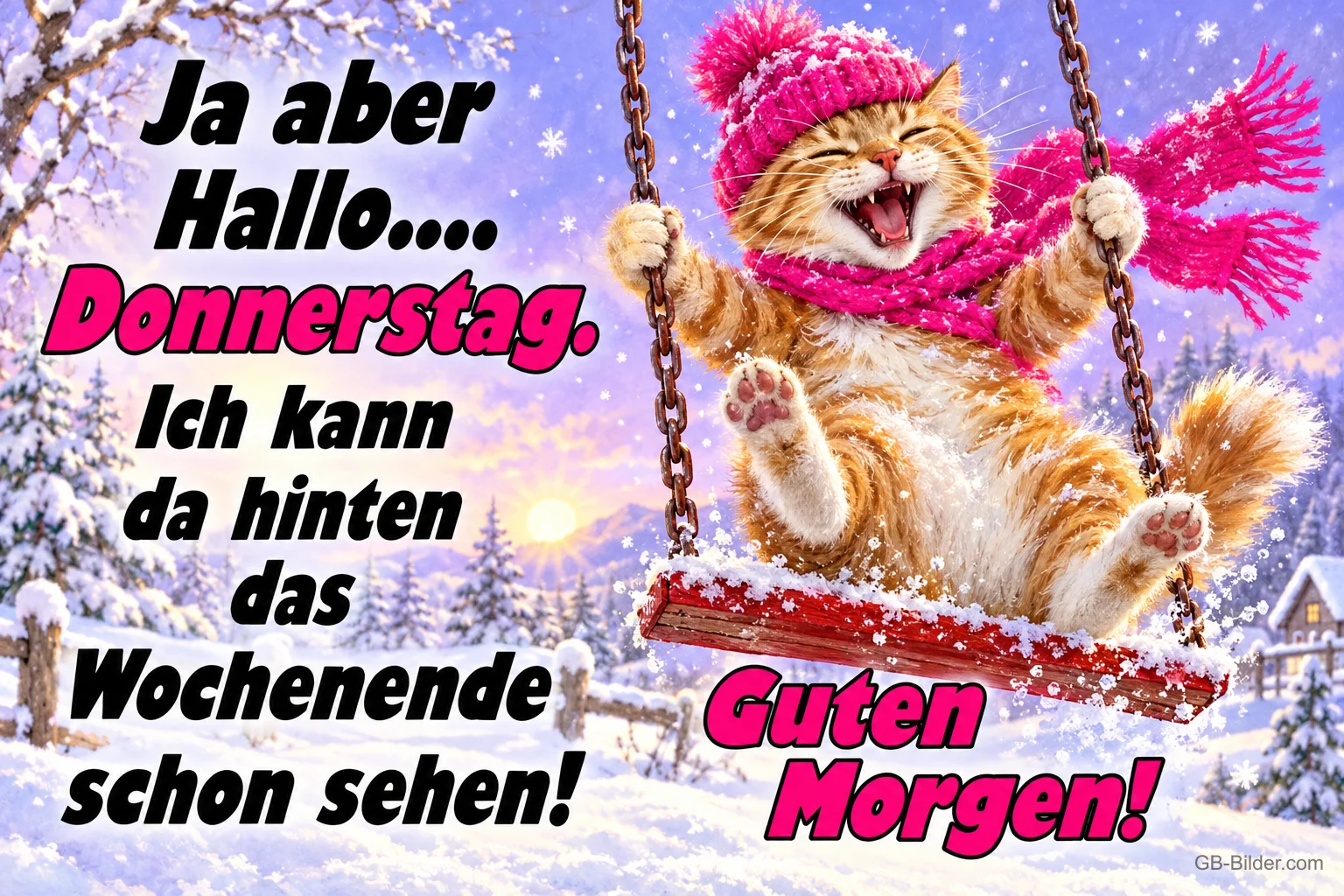 Lachende Katze mit pinker Mütze und Schal schaukelt im verschneiten Garten, Text: Ja aber Hallo.... Donnerstag. Ich kann da hinten das Wochenende schon sehen! Guten Morgen!