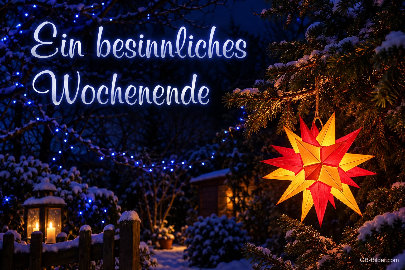 Herrnhuter Stern an verschneiter Tanne, Text: Ein besinnliches Wochenende