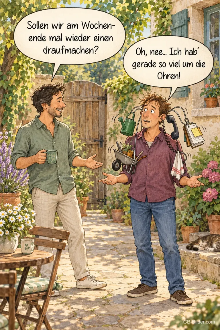 Mann mit Werkzeug an den Ohren, lustiger Spruch: Ich hab' gerade so viel um die Ohren!