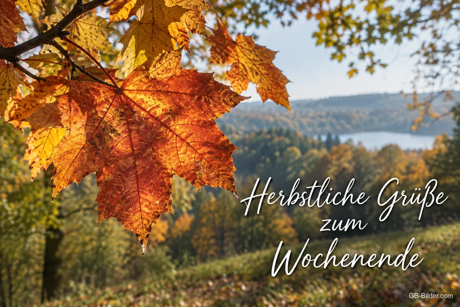 Ahornlaub über einer Herbstlandschaft, Text: Herbstliche Grüße zum Wochenende