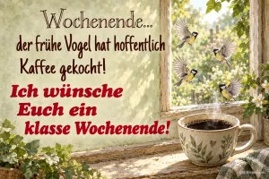 Kaffeetasse am Fenster mit Meisen, lustiger Spruch: Der frühe Vogel hat hoffentlich Kaffee gekocht!