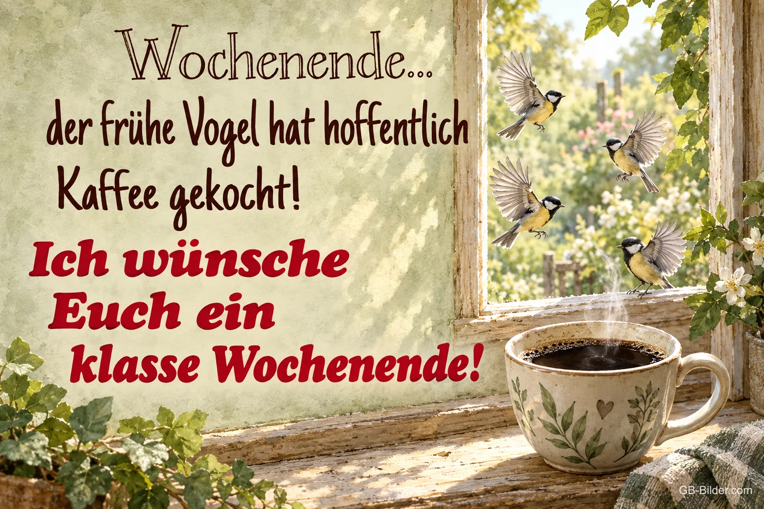 Kaffeetasse am Fenster mit Meisen, lustiger Spruch: Der frühe Vogel hat hoffentlich Kaffee gekocht!