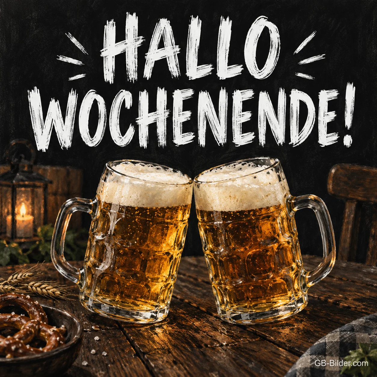 Zwei Bierkrüge stoßen an, Text: Hallo Wochenende!