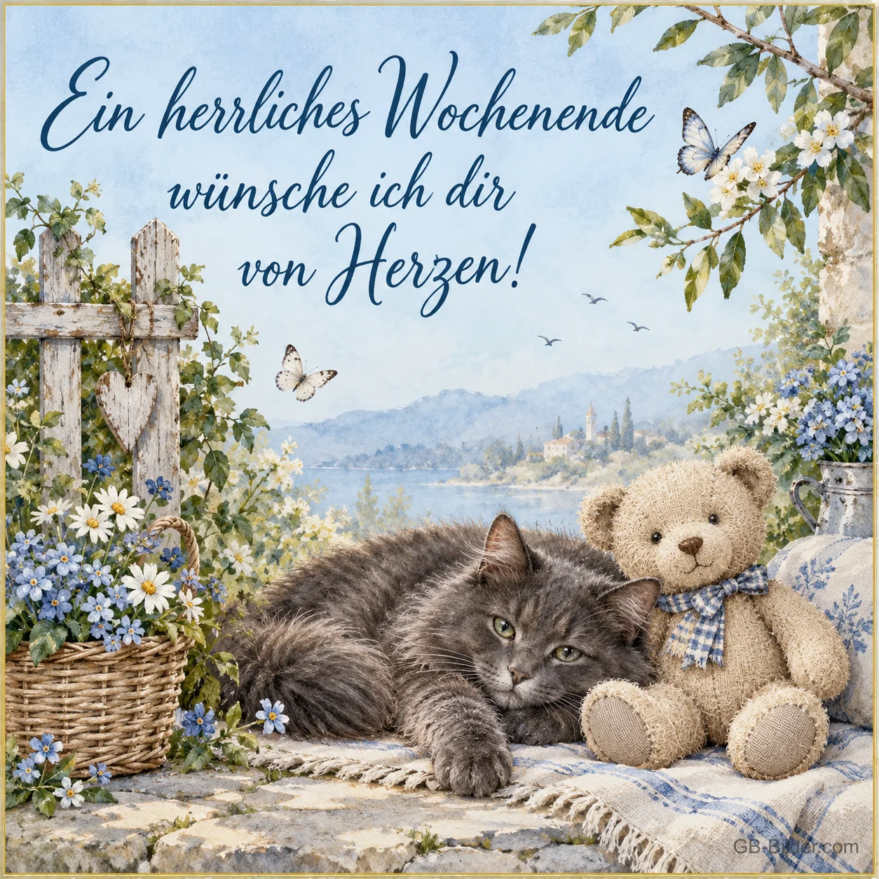 Katze und Teddybär im Blumengarten, Text: Ein herrliches Wochenende wünsche ich dir von Herzen!