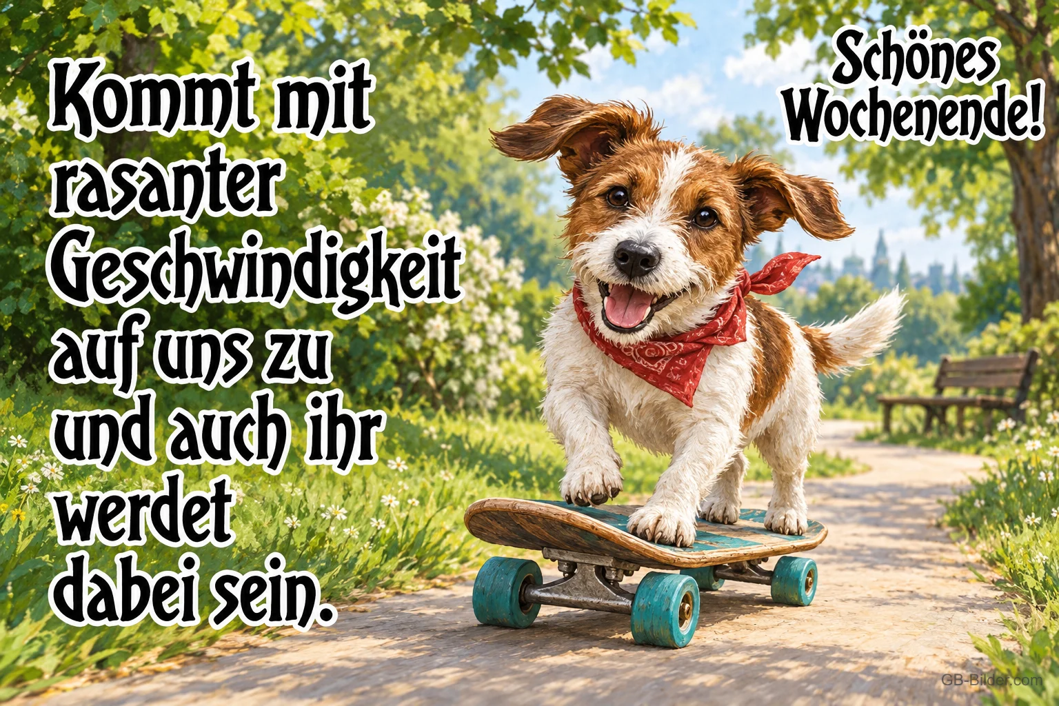 Hund auf dem Skateboard im Park, lustiger Spruch: Schönes Wochenende!