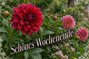 Rote Dahlien im Garten, Text: Schönes Wochenende
